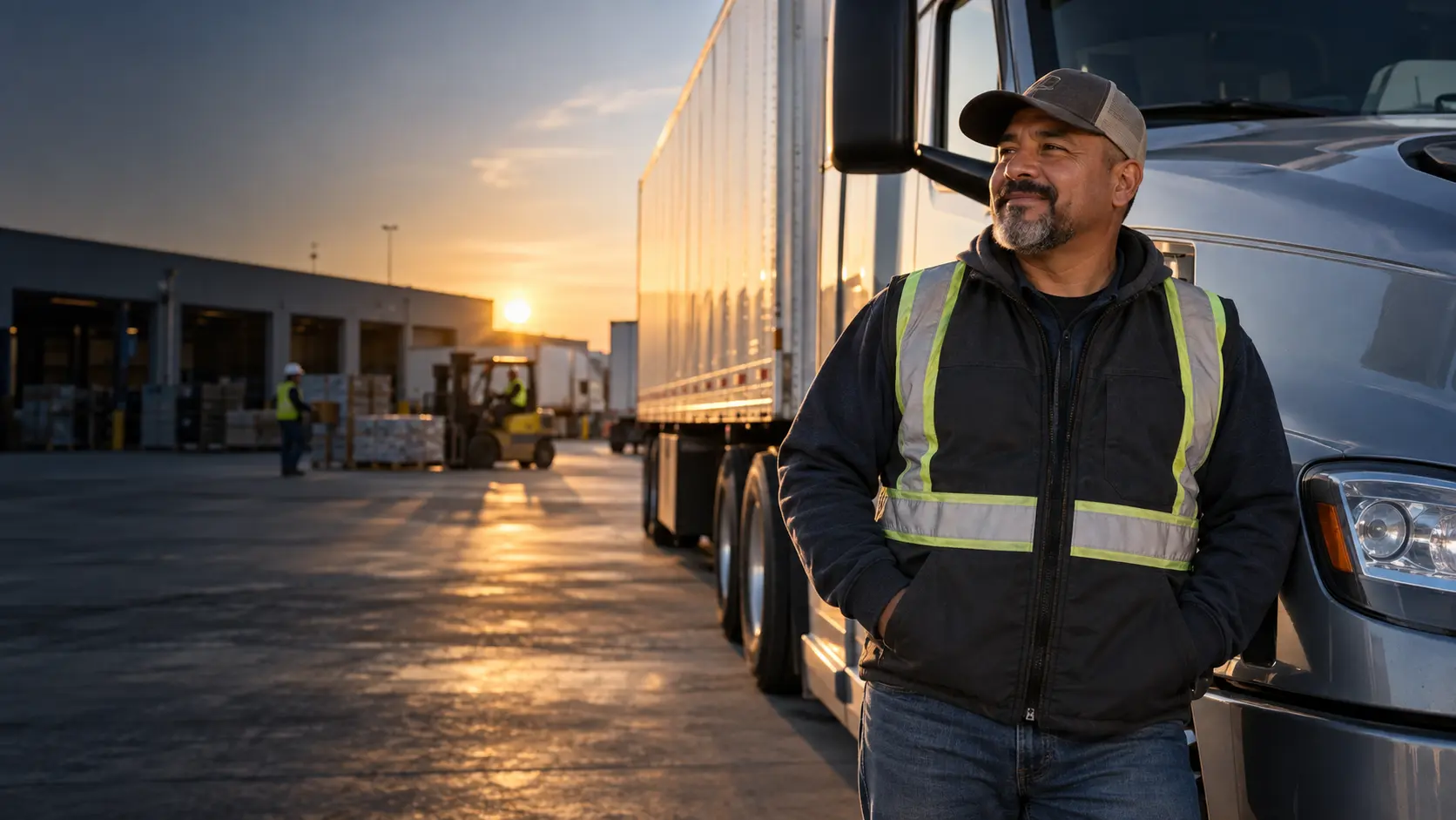 Commercial driver beside a semi truck