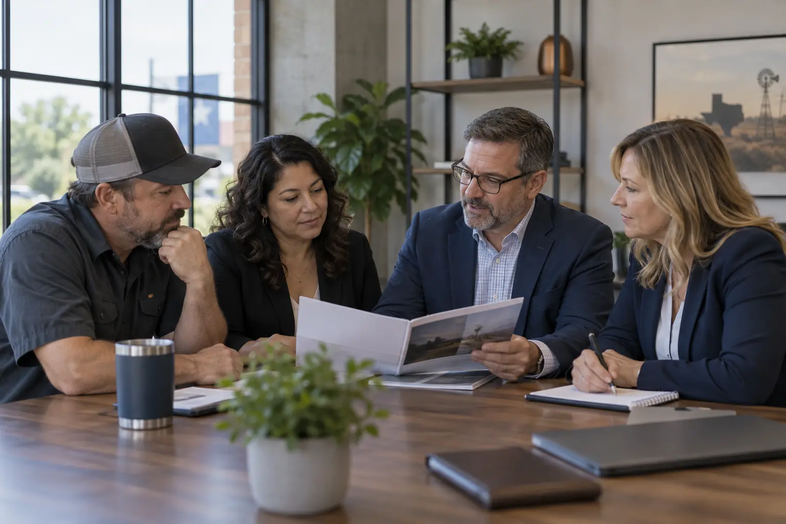 Business owner and benefit advisers reviewing employee benefit information