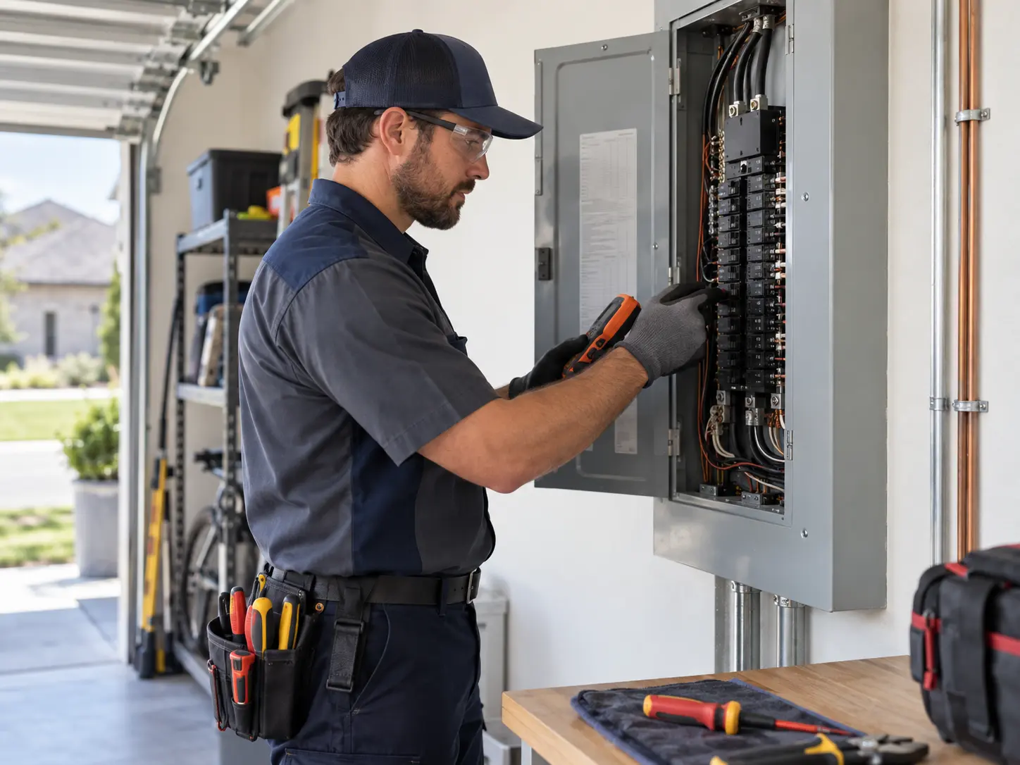 Residential electrician inspecting an electrical panel