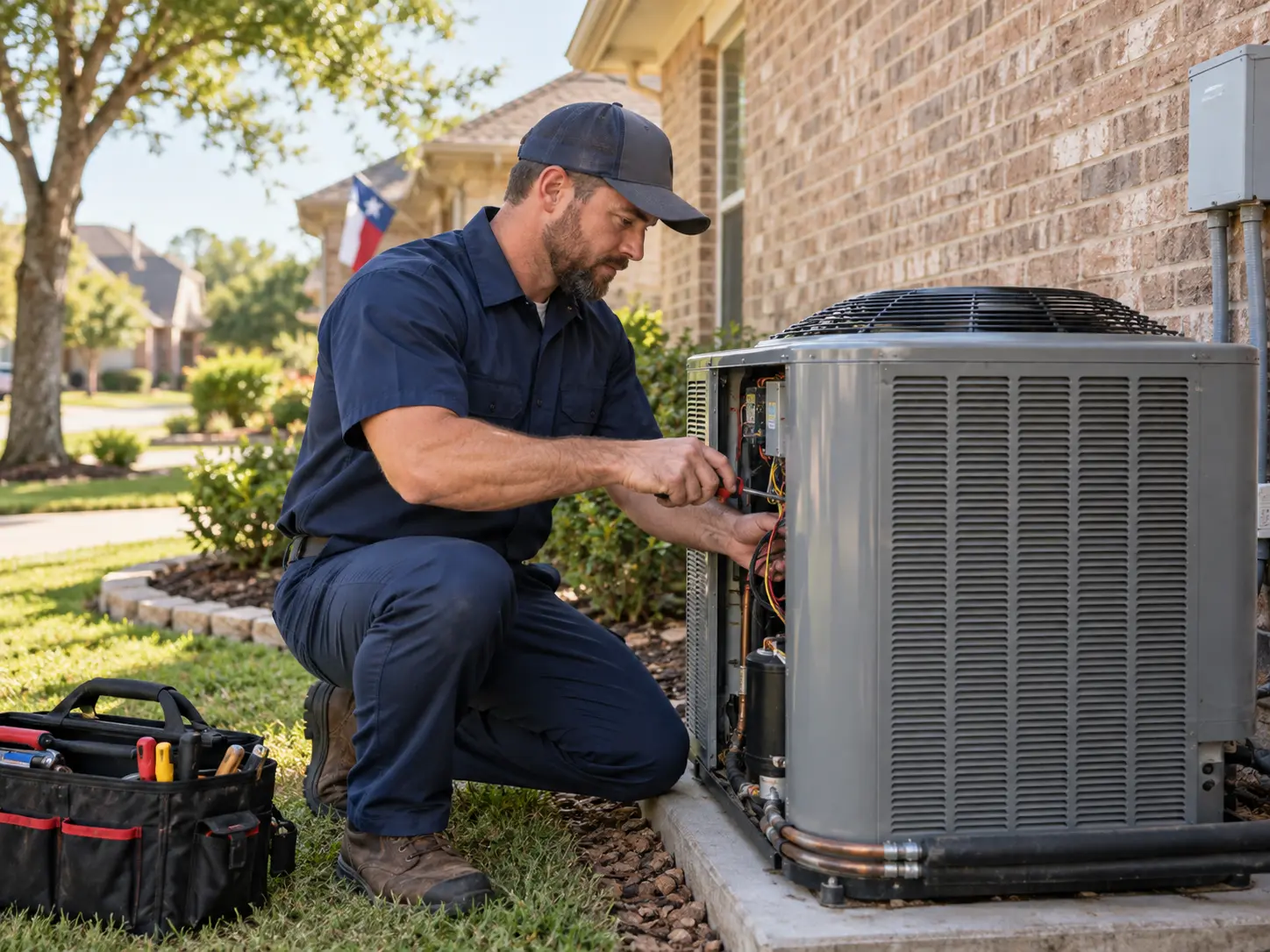 HVAC technician servicing a residential air-conditioning unit