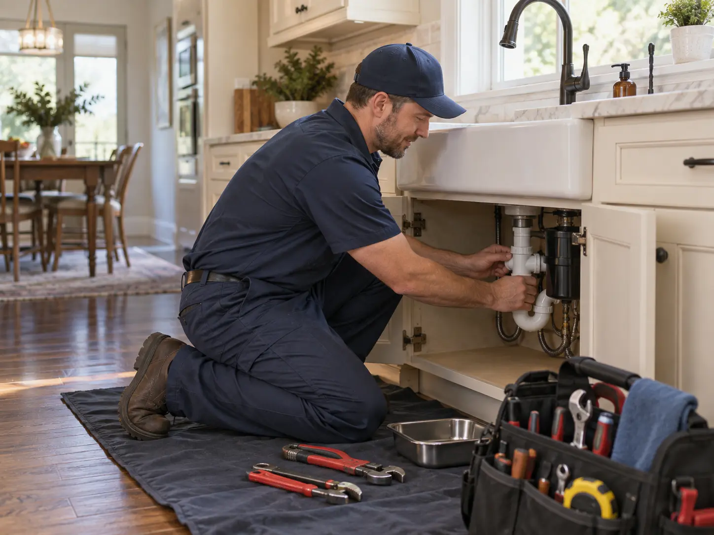 Residential plumber repairing plumbing beneath a kitchen sink